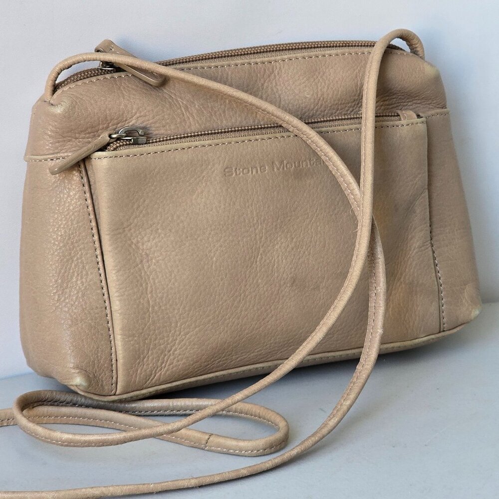 Stone Mountain Beige Brown Leather Zipper Crossbody Shoulder Bag